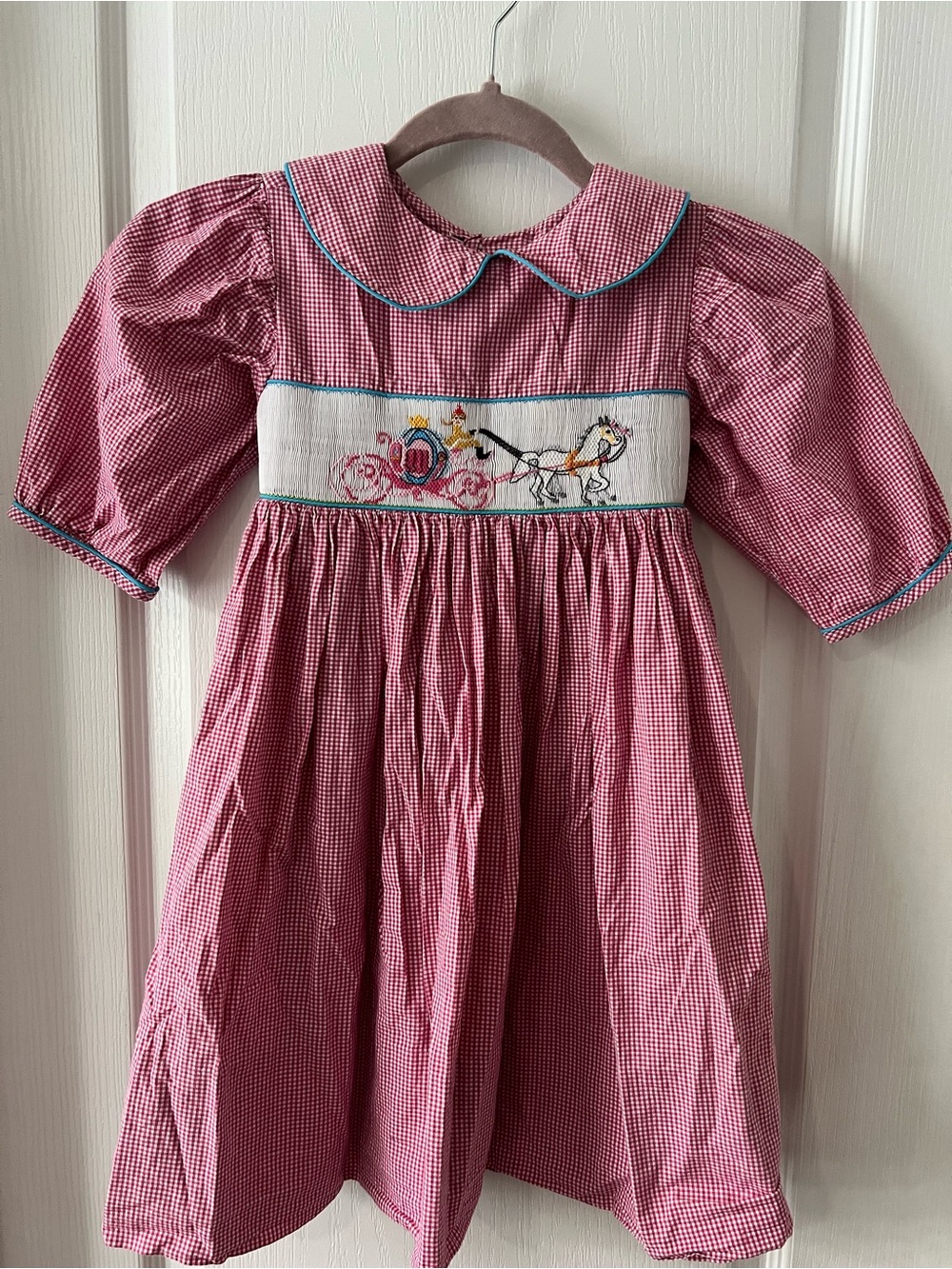 Beaux and Bella’s Pink Gingham Smocked Kids Dress with Horse & Carriage size 4